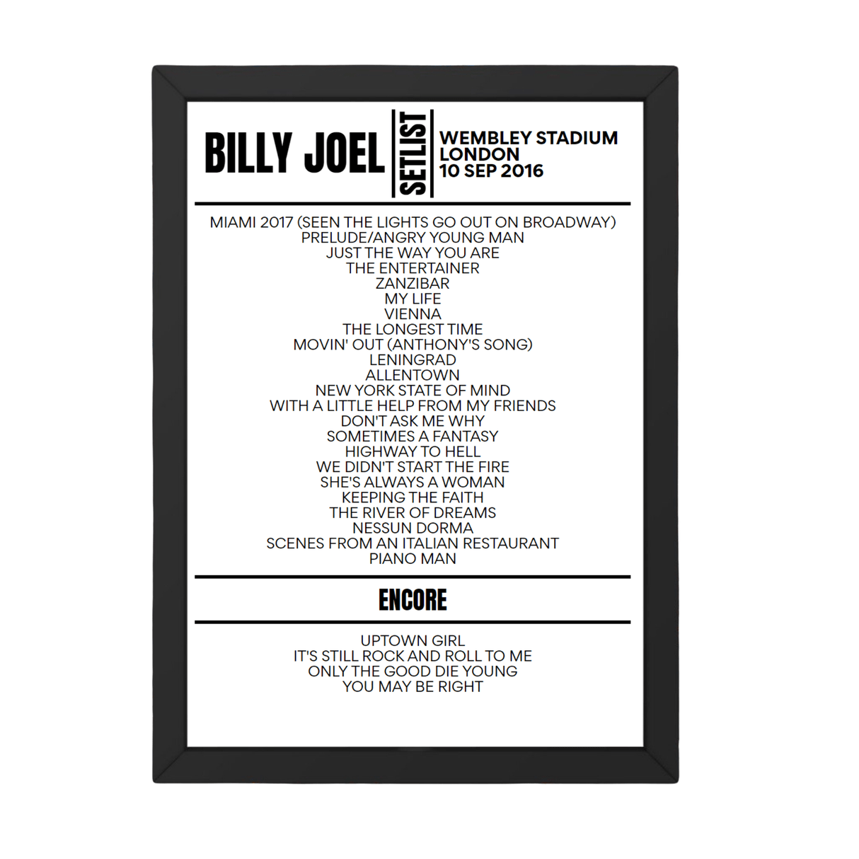 Billy Joel London September 10, 2016 Setlist Poster - Setlist