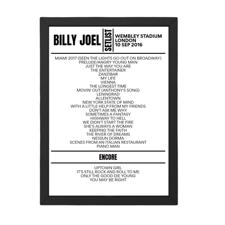 Billy Joel London September 10, 2016 Setlist Poster - Setlist