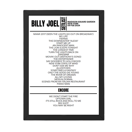 Billy Joel Madison Square Garden New York February 09, 2024 Setlist Poster - Setlist