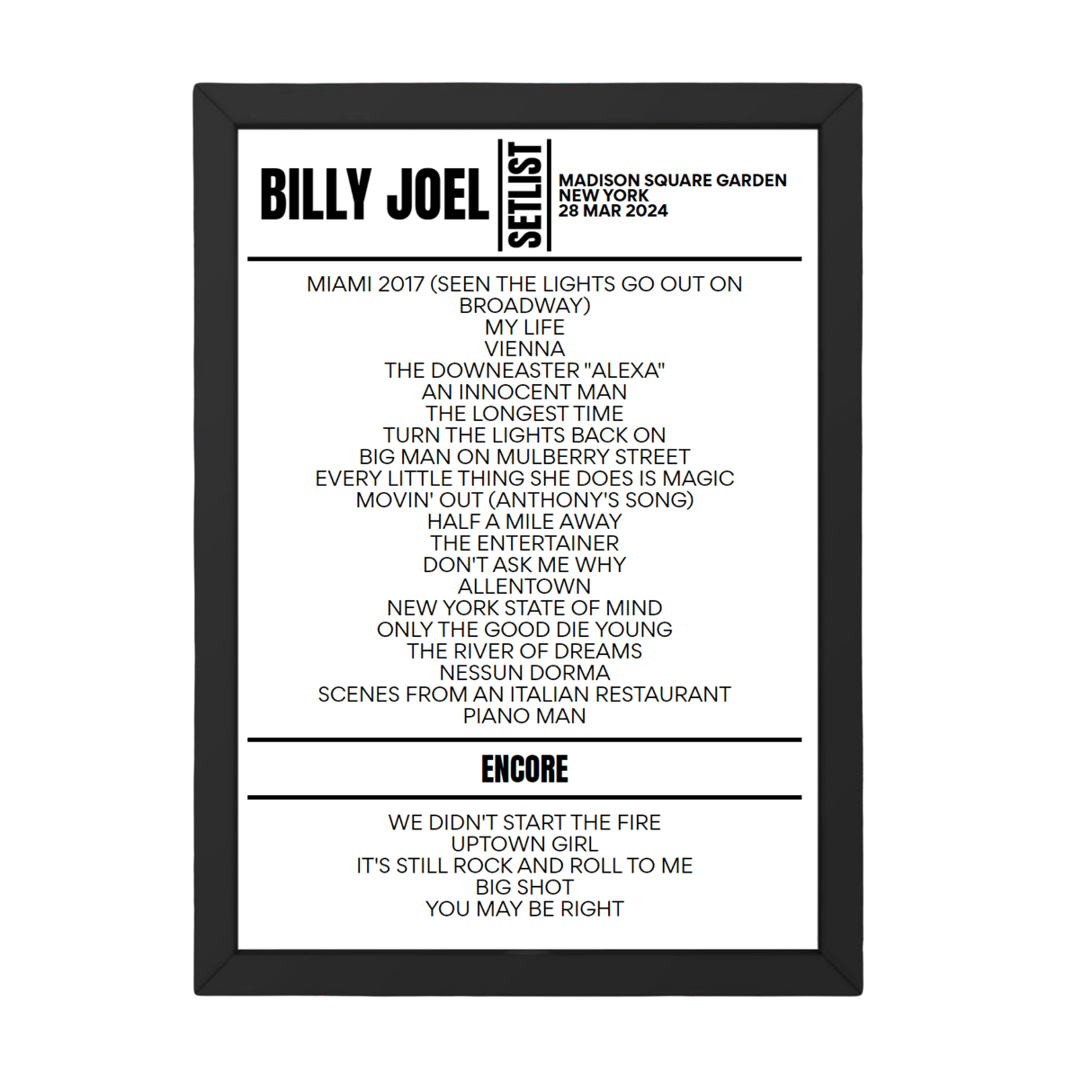 Billy Joel Madison Square Garden New York March 28, 2024 Setlist Poster - Setlist