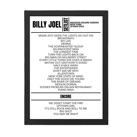 Billy Joel Madison Square Garden New York March 28, 2024 Setlist Poster - Setlist