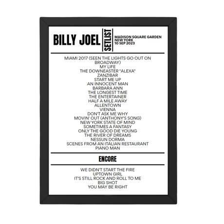 Billy Joel Madison Square Garden New York September 10, 2023 Setlist Poster - Setlist