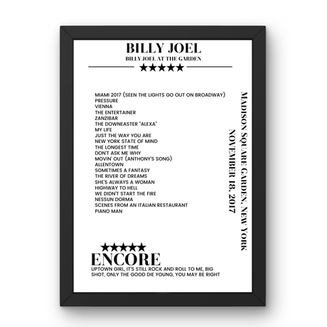 Billy Joel November 18, 2017 Madison Square Garden New York Setlist Poster - Setlist