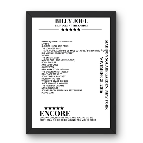 Billy Joel November 21, 2016 Madison Square Garden New York Setlist Poster - Setlist