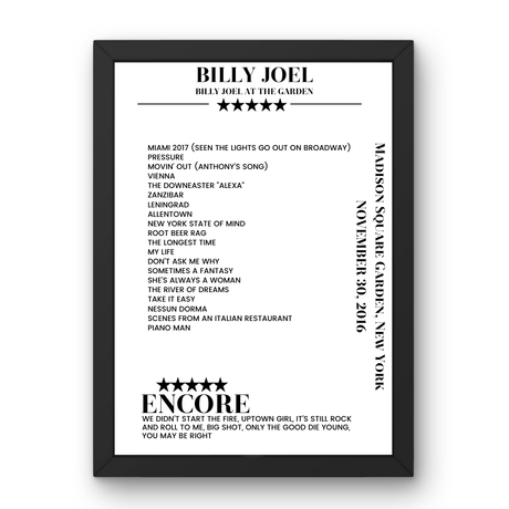 Billy Joel November 30, 2016 Madison Square Garden New York Setlist Poster - Setlist