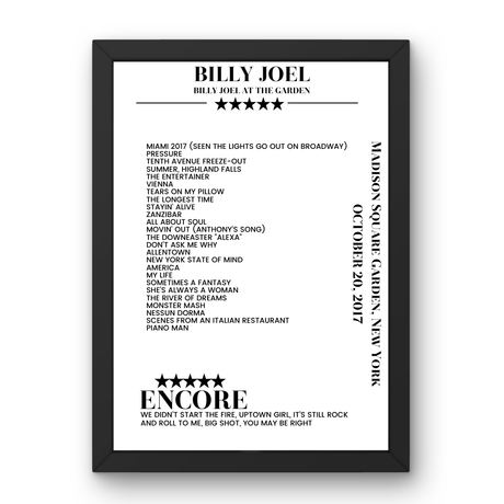 Billy Joel October 20, 2017 Madison Square Garden New York Setlist Poster - Setlist