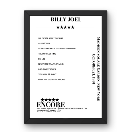 Billy Joel October 21, 1991 Madison Square Garden New York Setlist Poster - Setlist