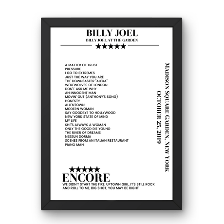 Billy Joel October 25, 2019 Madison Square Garden New York Setlist Poster - Setlist