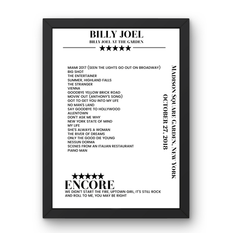 Billy Joel October 27, 2018 Madison Square Garden New York Setlist Poster - Setlist