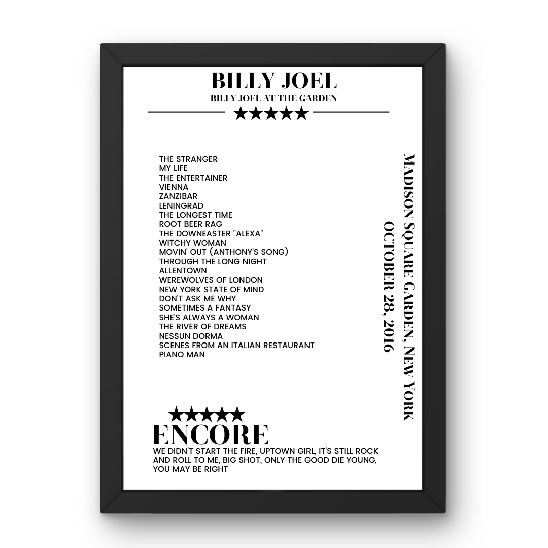 Billy Joel October 28, 2016 Madison Square Garden New York Setlist Poster - Setlist