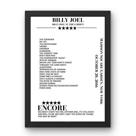 Billy Joel October 28, 2016 Madison Square Garden New York Setlist Poster - Setlist