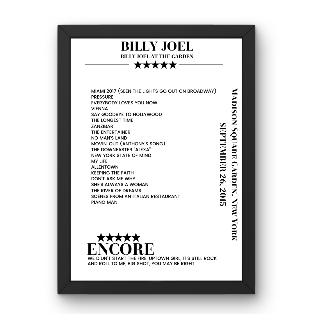 Billy Joel September 26, 2015 Madison Square Garden New York Setlist Poster - Setlist