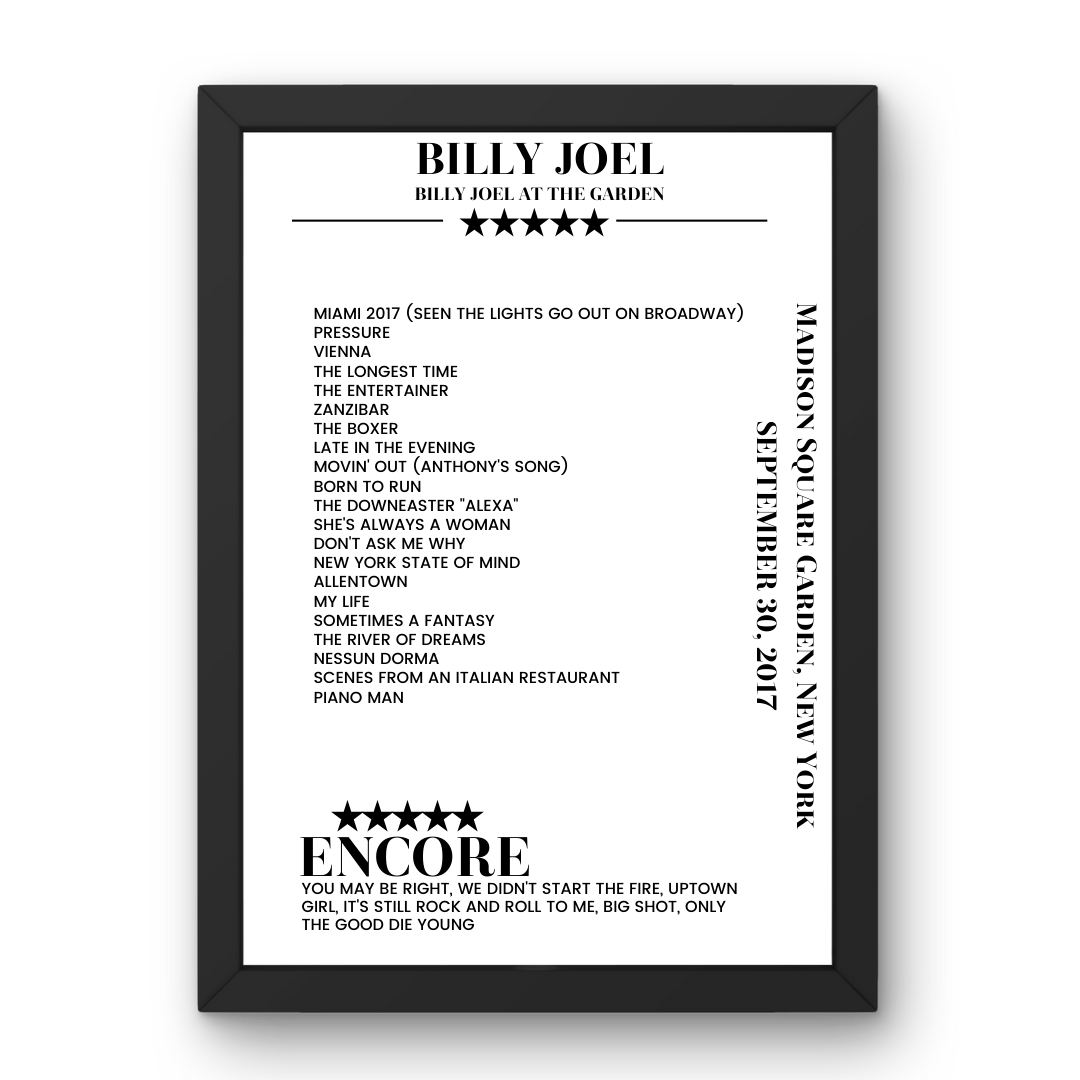 Billy Joel September 30, 2017 Madison Square Garden New York Setlist Poster - Setlist