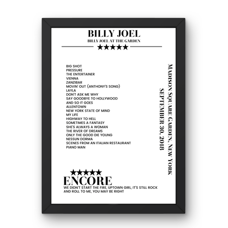 Billy Joel September 30, 2018 Madison Square Garden New York Setlist Poster - Setlist