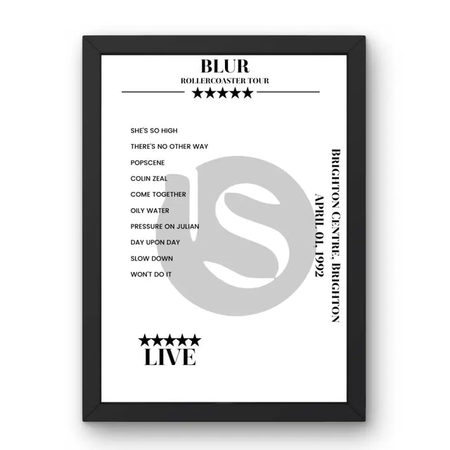 Blur Brighton Centre Brighton 1 April 1992 Setlist Poster - Setlist