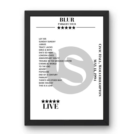 Blur Civic Hall Wolverhampton 11 May 1994 Setlist Poster - Setlist