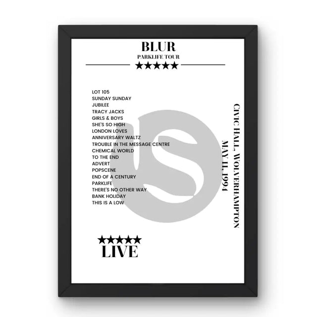 Blur Civic Hall Wolverhampton 11 May 1994 Setlist Poster - Setlist