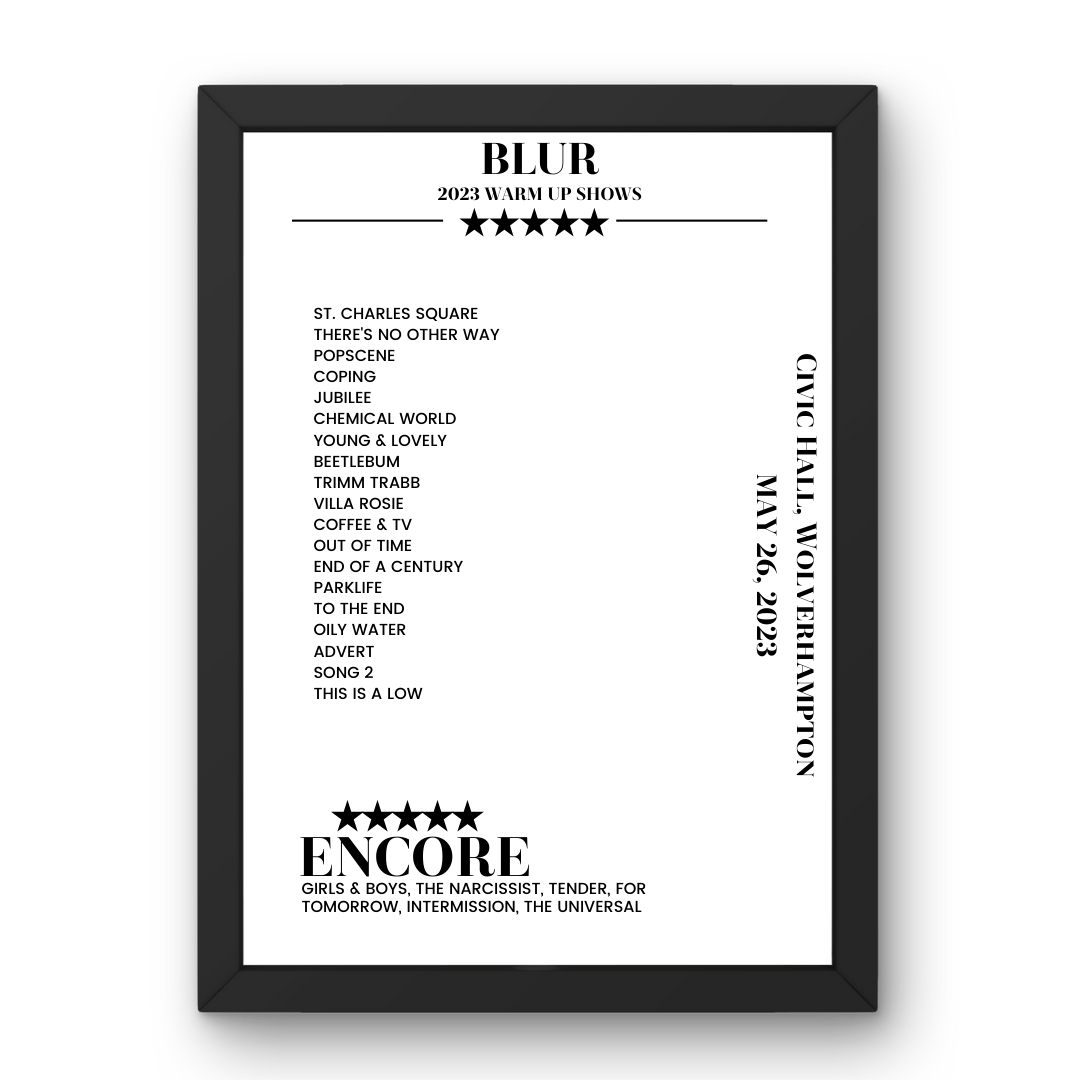 Blur Civic Hall Wolverhampton 26 May 2023 Setlist Poster - Setlist