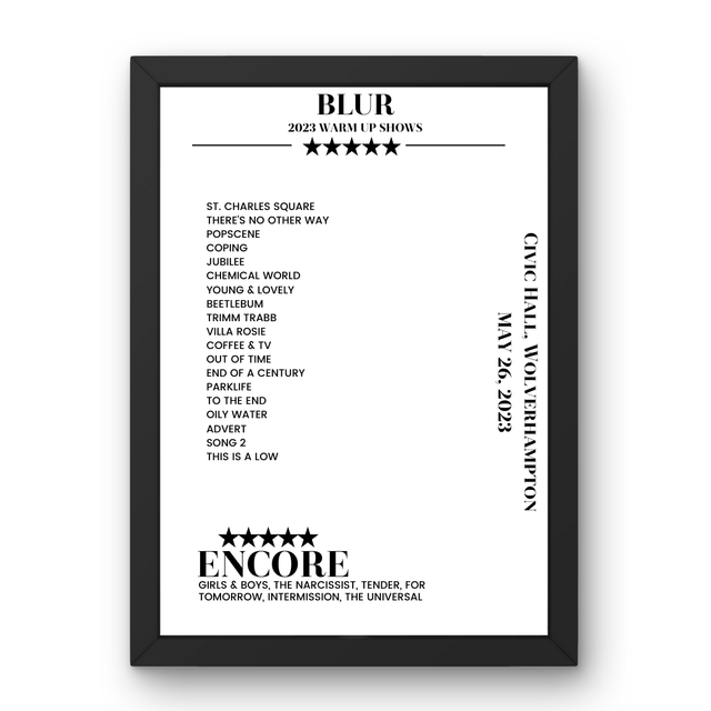 Blur Civic Hall Wolverhampton 26 May 2023 Setlist Poster - Setlist