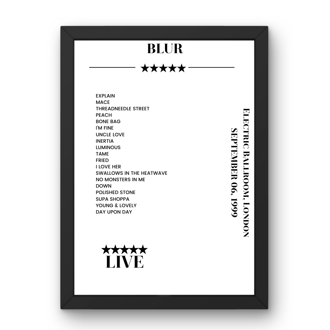 Blur Electric Ballroom London 6 September 1999 Setlist Poster - Setlist