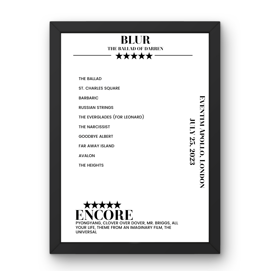 Blur Eventim Apollo London 25 July 2023 Setlist Poster - Setlist