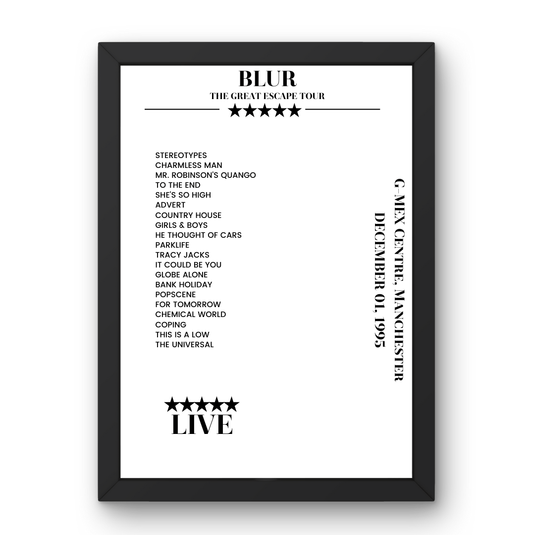 Blur G - MEX Centre Manchester 1 December 1995 Setlist Poster - Setlist