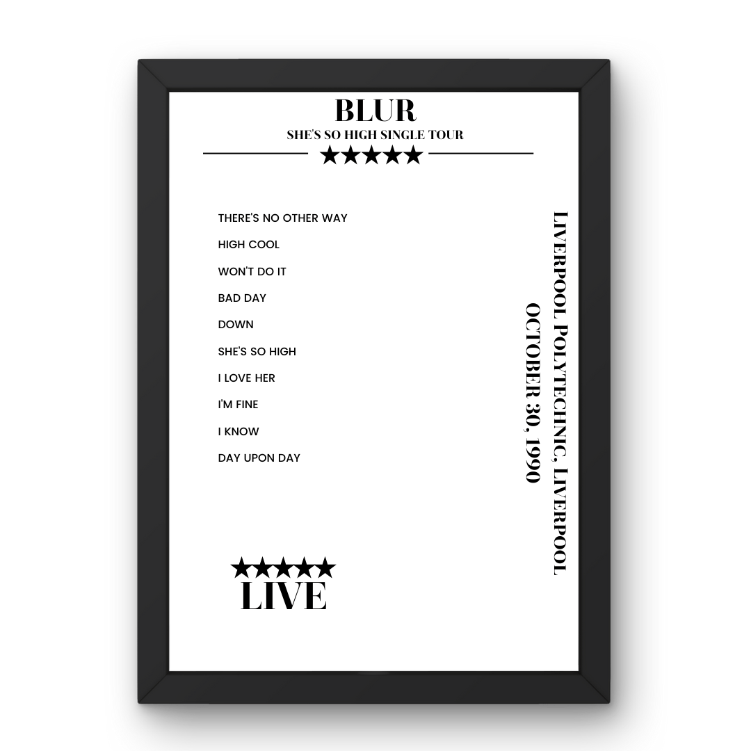 Blur Liverpool Polytechnic Liverpool 30 October 1990 Setlist Poster - Setlist