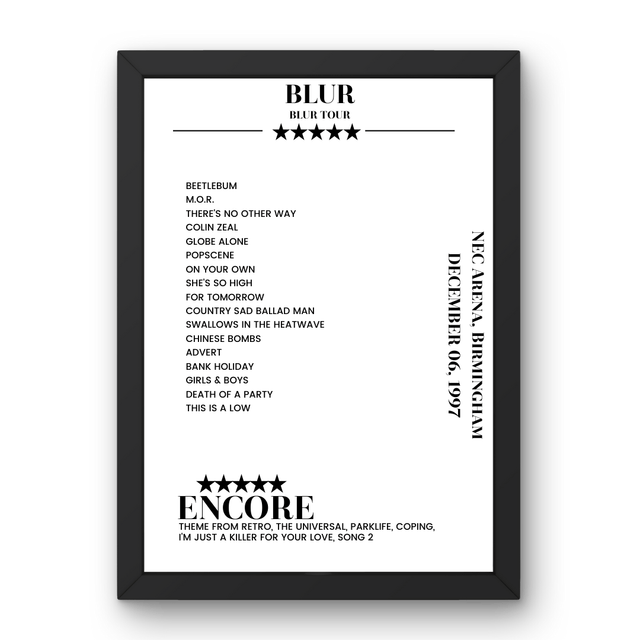 Blur NEC Arena Birmingham 6 December 1997 Setlist Poster - Setlist