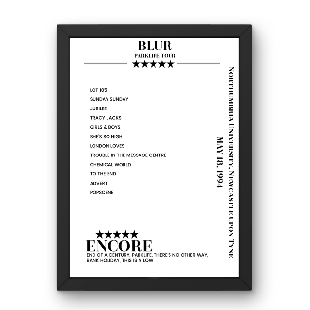 Blur Northumbria University Newcastle upon Tyne 18 May 1994 Setlist Poster - Setlist