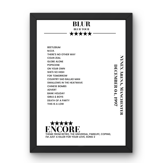 Blur NYNEX Arena Manchester 4 December 1997 Setlist Poster - Setlist