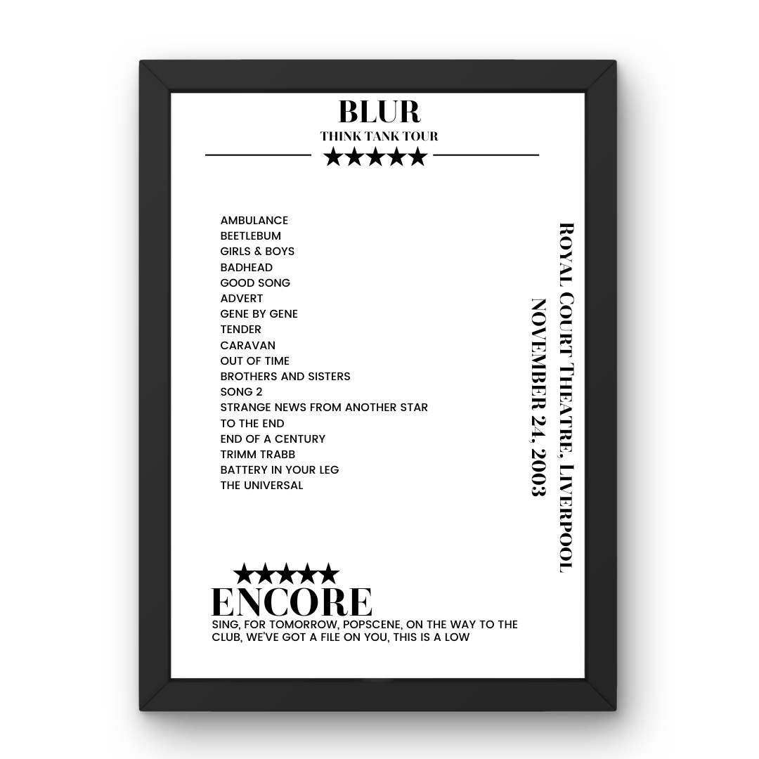 Blur Royal Court Theatre Liverpool 24 November 2003 Setlist Poster - Setlist