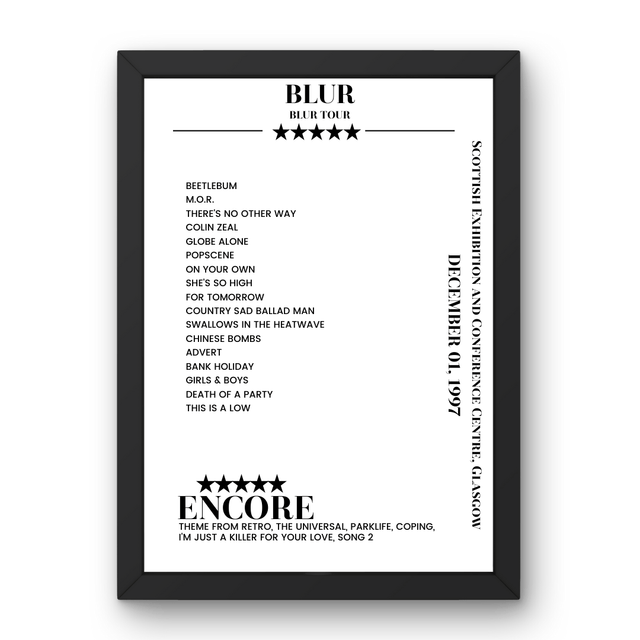 Blur Scottish Exhibition and Conference Centre Glasgow 1 December 1997 Setlist Poster - Setlist