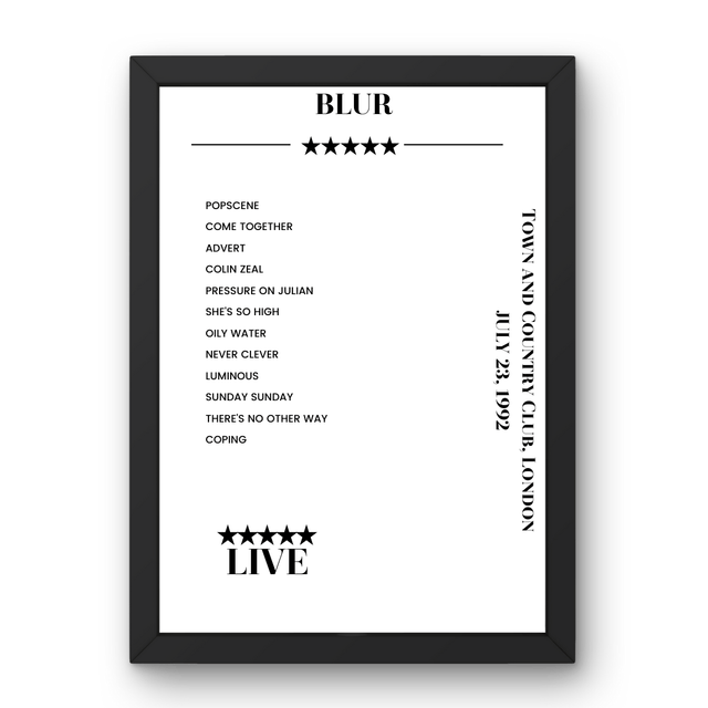 Blur Town and Country Club London 23 July 1992 Setlist Poster - Setlist