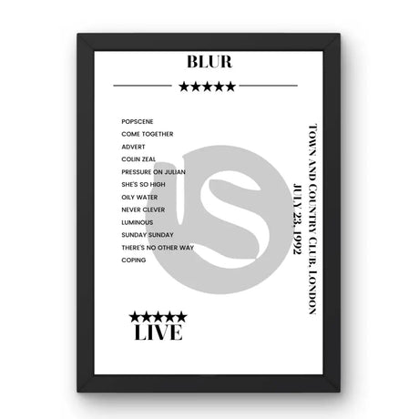 Blur Town and Country Club London 23 July 1992 Setlist Poster - Setlist