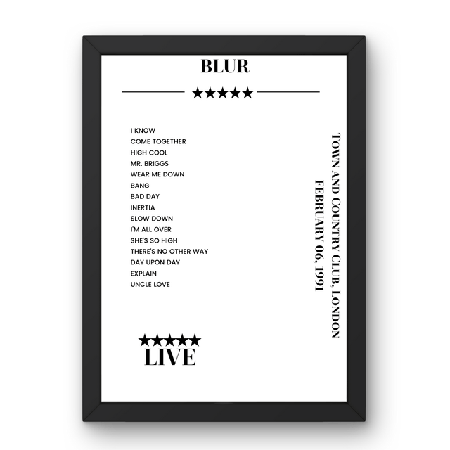 Blur Town and Country Club London 6 February 1991 Setlist Poster - Setlist