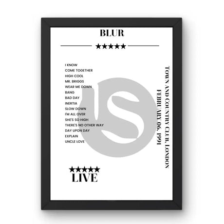 Blur Town and Country Club London 6 February 1991 Setlist Poster - Setlist