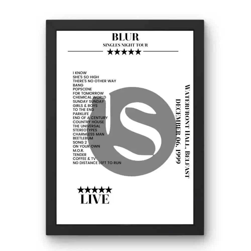 Blur Waterfront Hall Belfast 6 December 1999 Setlist Poster - Setlist