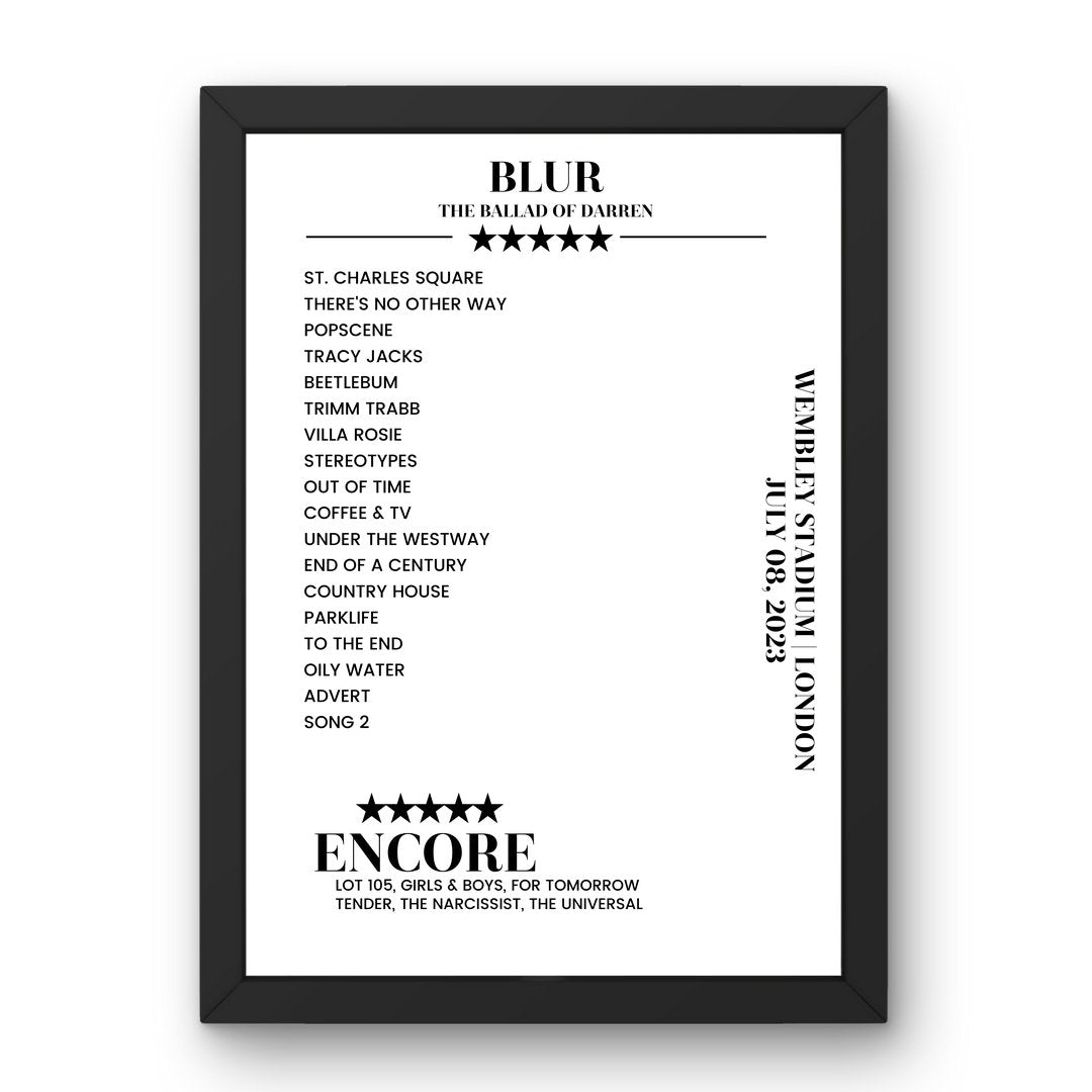 Blur Wembley Stadium London 08 July 2023 Setlist Poster - Setlist