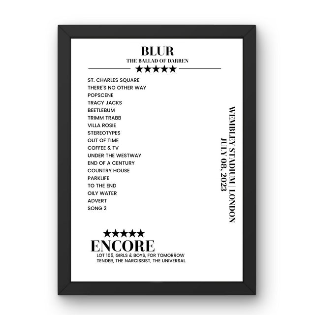 Blur Wembley Stadium London 08 July 2023 Setlist Poster - Setlist