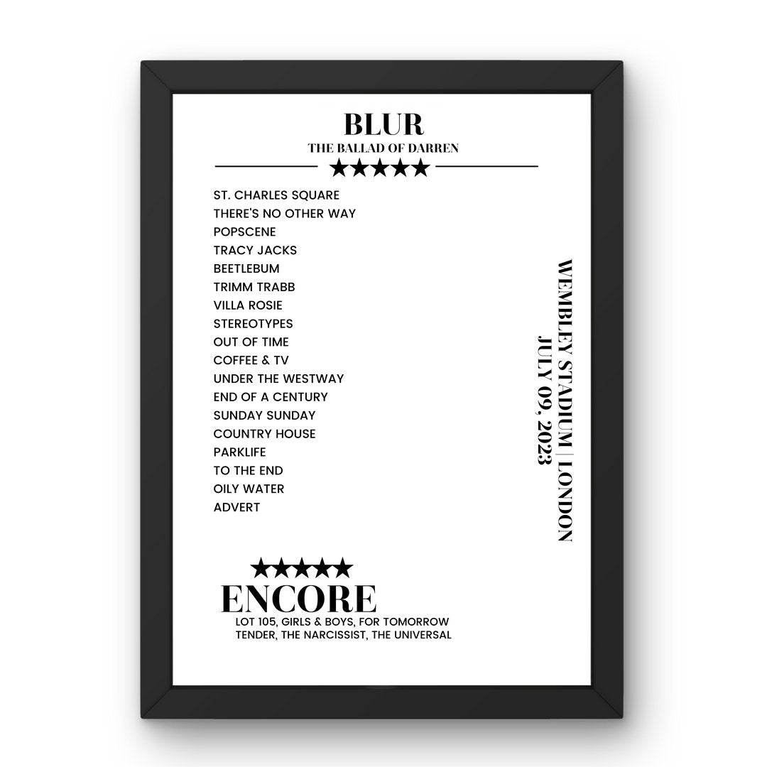 Blur Wembley Stadium London 09 July 2023 Setlist Poster - Setlist