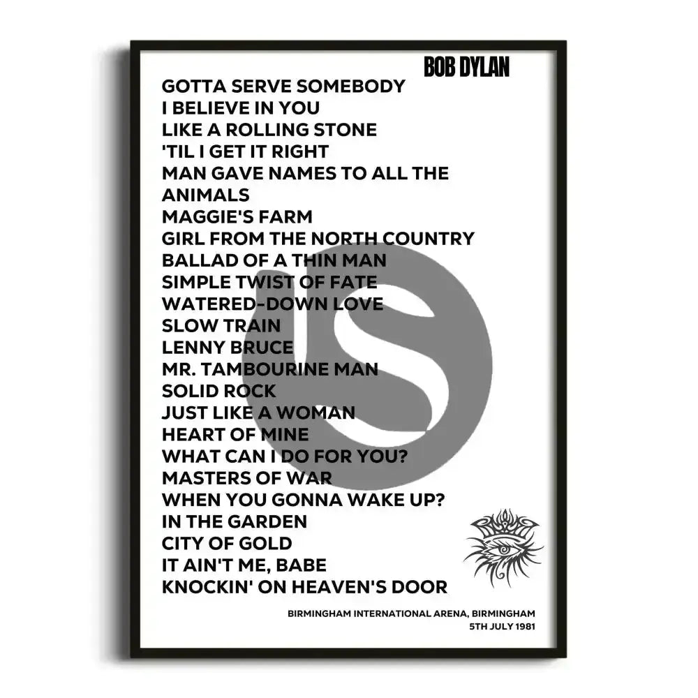 Bob Dylan Birmingham 5th July 1981 - Gig Setlist - Setlist