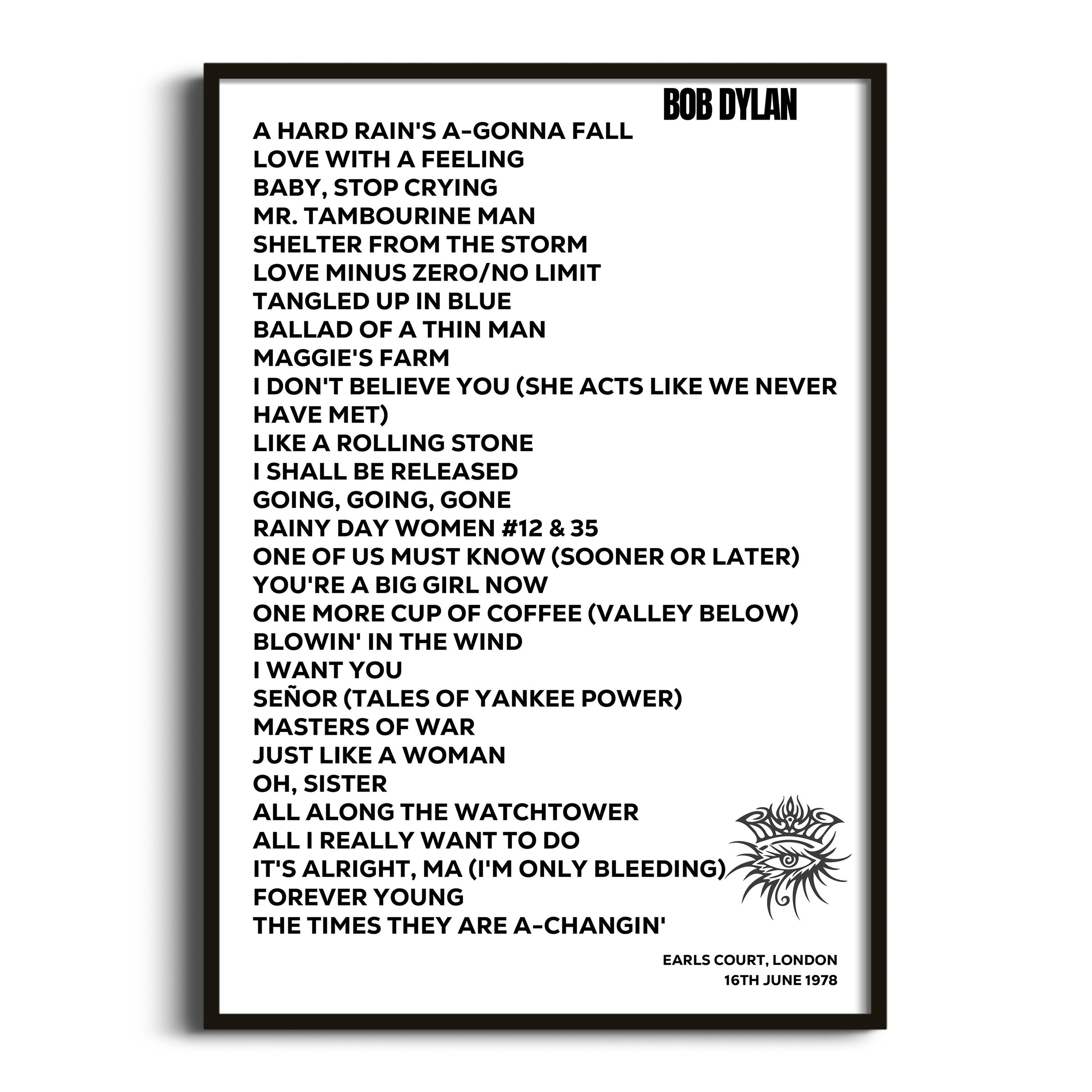 Bob Dylan London 16th June 1978 - Gig Setlist - Setlist