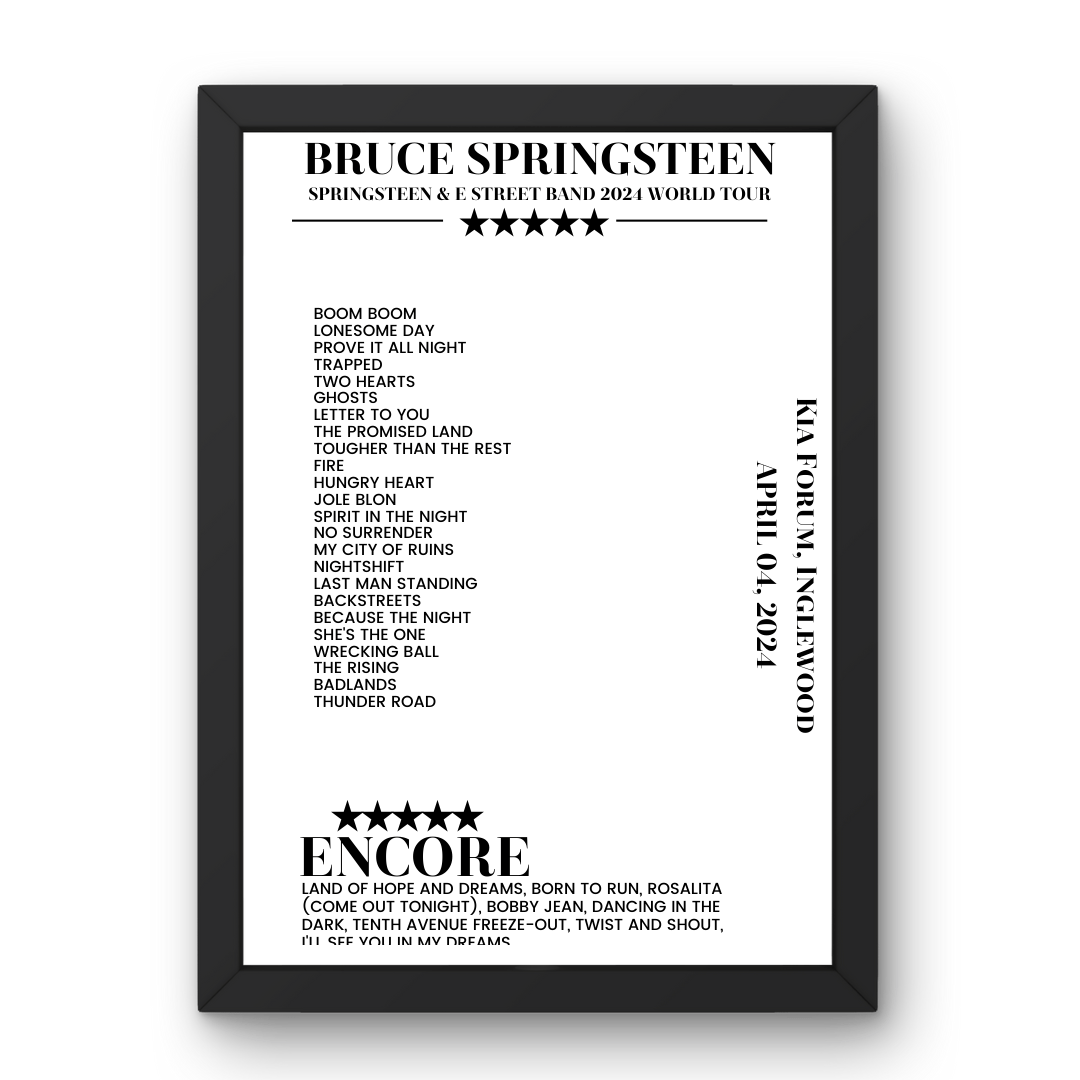 Bruce Springsteen April 04, 2024 Kia Forum Inglewood Setlist Poster - Setlist