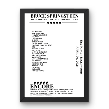 Bruce Springsteen April 04, 2024 Kia Forum Inglewood Setlist Poster - Setlist