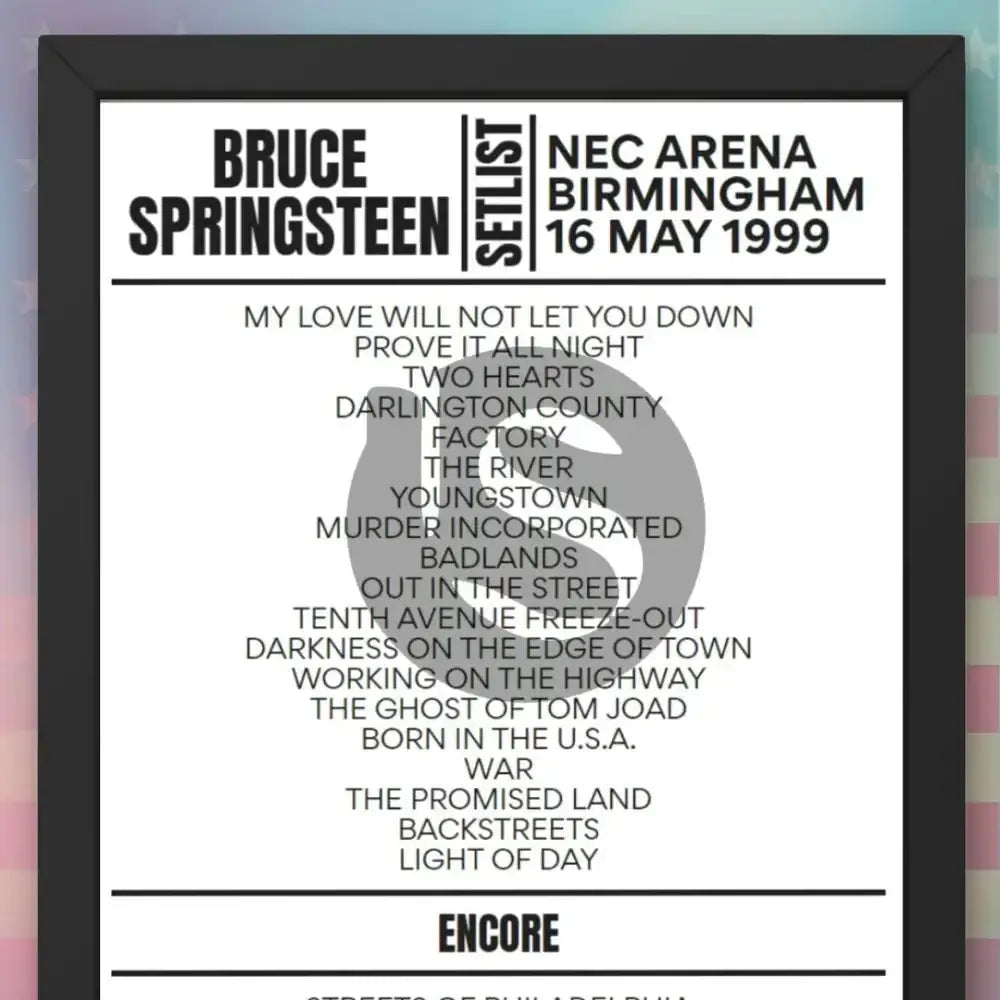 Bruce Springsteen Birmingham 16 May 1999 Replica Setlist - Setlist