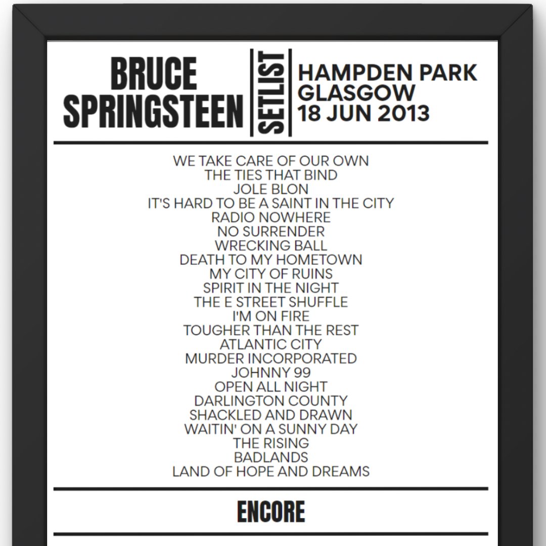 Bruce Springsteen Glasgow June 2013 Replica Setlist - Setlist