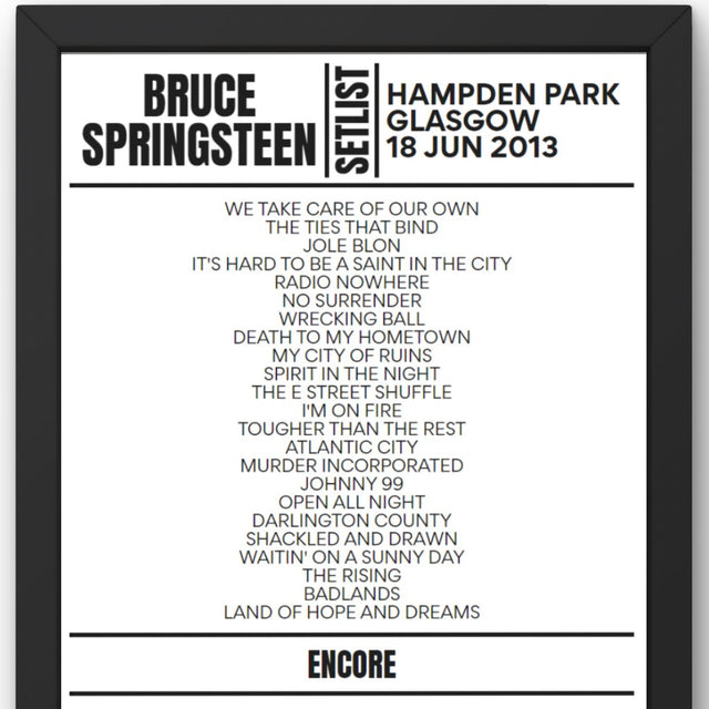 Bruce Springsteen Glasgow June 2013 Replica Setlist - Setlist