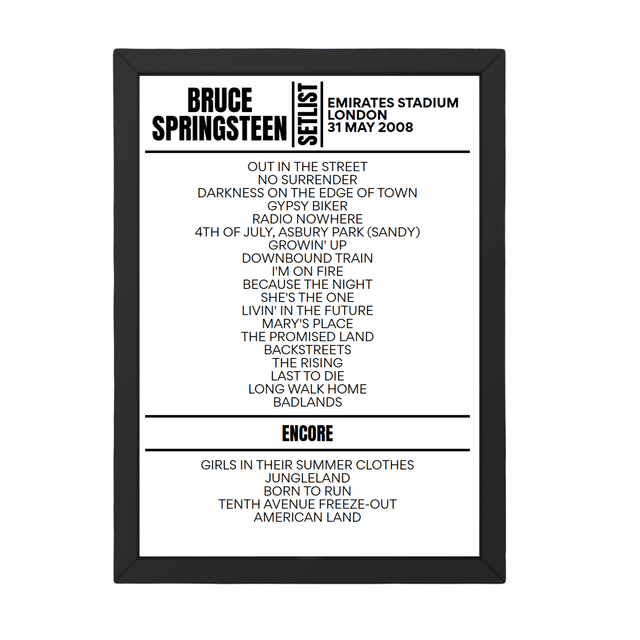 Bruce Springsteen London 31 May 2008 Replica Setlist - Setlist