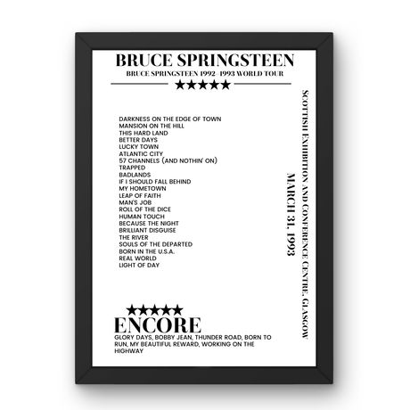 Bruce Springsteen March 31, 1993 Scottish Exhibition and Conference Centre Glasgow Setlist Poster - Setlist