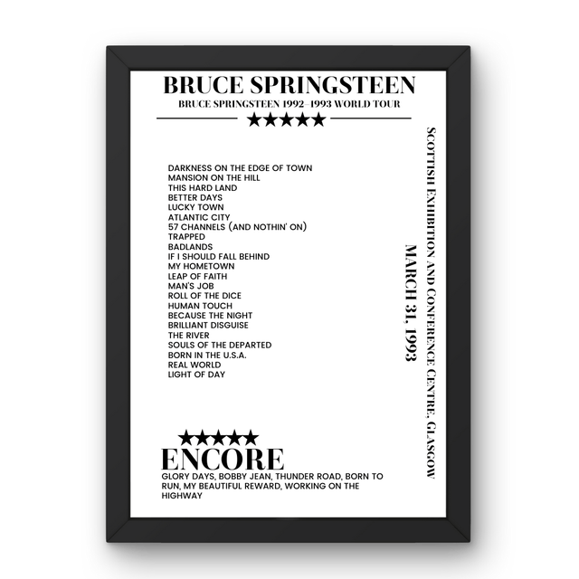 Bruce Springsteen March 31, 1993 Scottish Exhibition and Conference Centre Glasgow Setlist Poster - Setlist